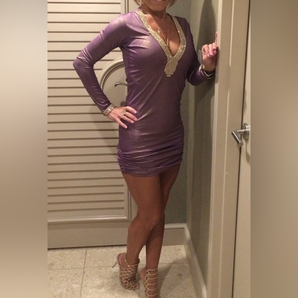 Elegant Metallic Purple V-Neck Mini Dress